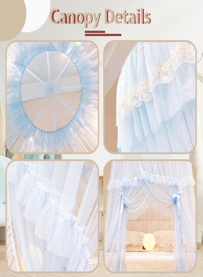 Akiky Bed Canopy for Girls Ruffle Princess Canopy Bed Curtains Round Dome Cozy Drape Netting Embroidery Lace Sheer Mesh for Girls&Adults Bedroom Décor(Blue) - Image 3