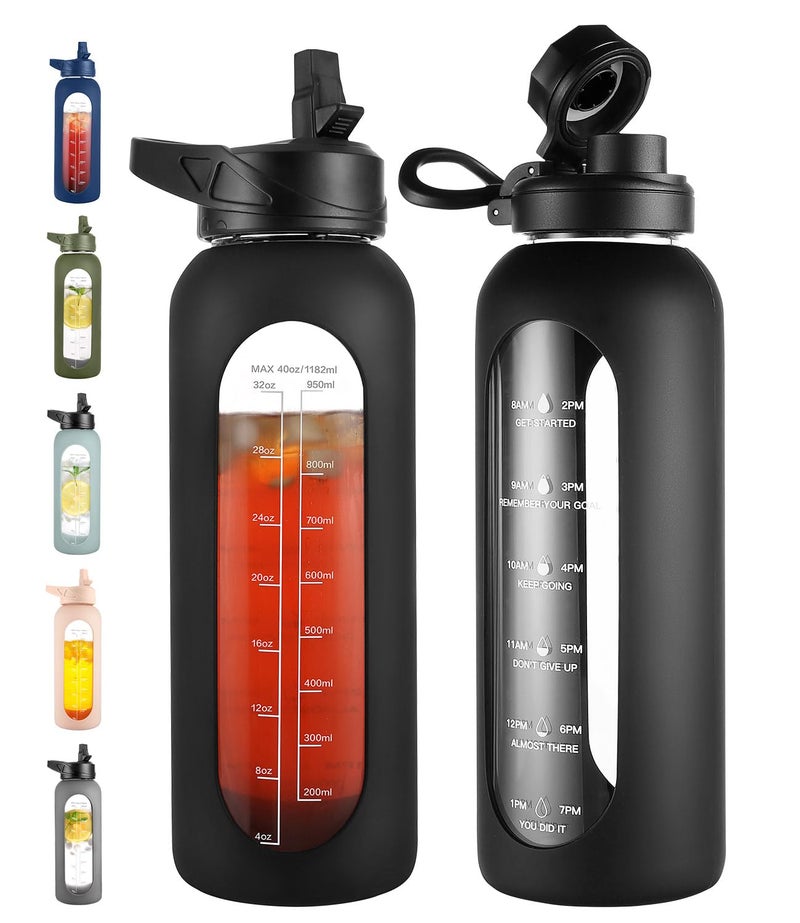 CIVAGO 40 oz Glass Water Bottle with Straw and Handle Large Sports Motivational Water Bottle Flask with Time Marker and 2 Lids Leakproof Water Jug Canteen with Silicone Sleeve for GymBlack
