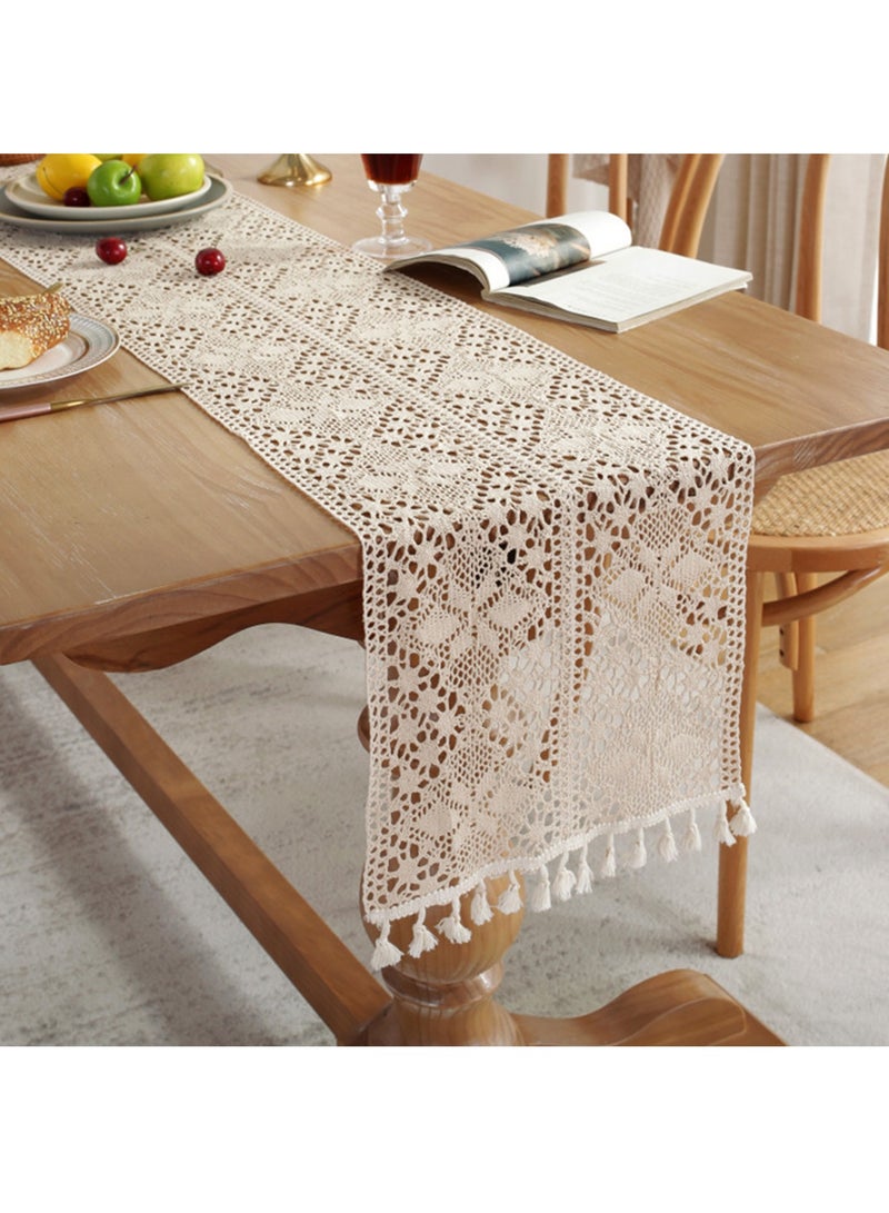 أورافلي مفرش طاولة بوهيمي، مفرش طاولة زفاف، مفرش طاولة كروشيه، مفرش طاولة بشراشيب، ديكور طاولة طعام منزلية 30×180 سم بيج - Image 1