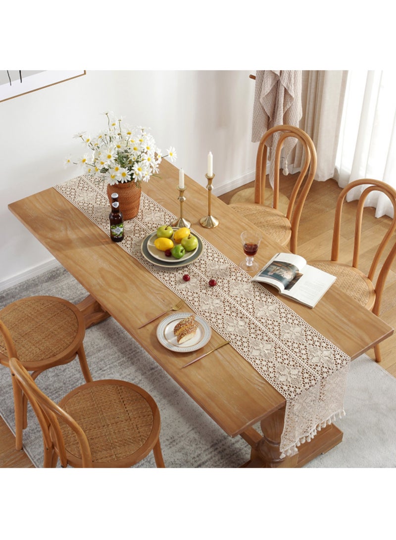 أورافلي مفرش طاولة بوهيمي، مفرش طاولة زفاف، مفرش طاولة كروشيه، مفرش طاولة بشراشيب، ديكور طاولة طعام منزلية 30×180 سم بيج - Image 4