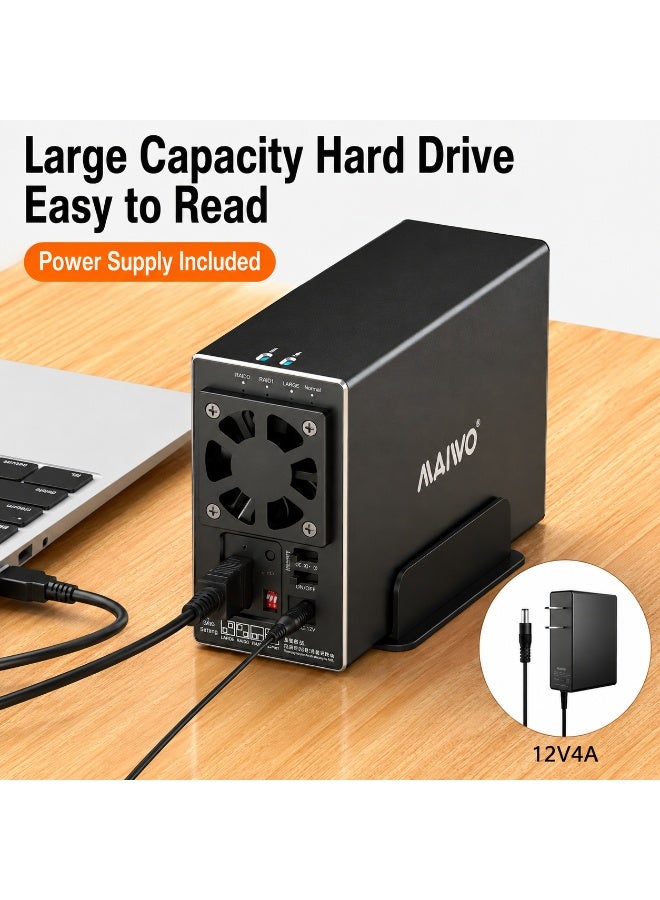 MAIWO K35272U3S Dual Bay RAID HDD Enclosure USB 3.0 for 2×2.5"/3.5" SATA HDD/SSD | 4 RAID Modes | Up to 36TB | Aluminum Alloy | Built-in Cooling Fan | 12V Power Adapter - Image 4