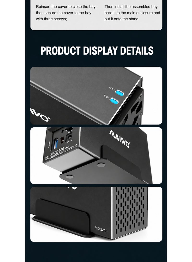MAIWO K35272U3S Dual Bay RAID HDD Enclosure USB 3.0 for 2×2.5"/3.5" SATA HDD/SSD | 4 RAID Modes | Up to 36TB | Aluminum Alloy | Built-in Cooling Fan | 12V Power Adapter - Image 2