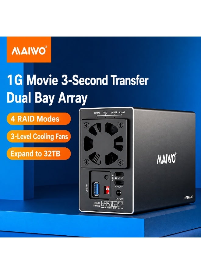 MAIWO K35272U3S Dual Bay RAID HDD Enclosure USB 3.0 for 2×2.5"/3.5" SATA HDD/SSD | 4 RAID Modes | Up to 36TB | Aluminum Alloy | Built-in Cooling Fan | 12V Power Adapter - Image 1