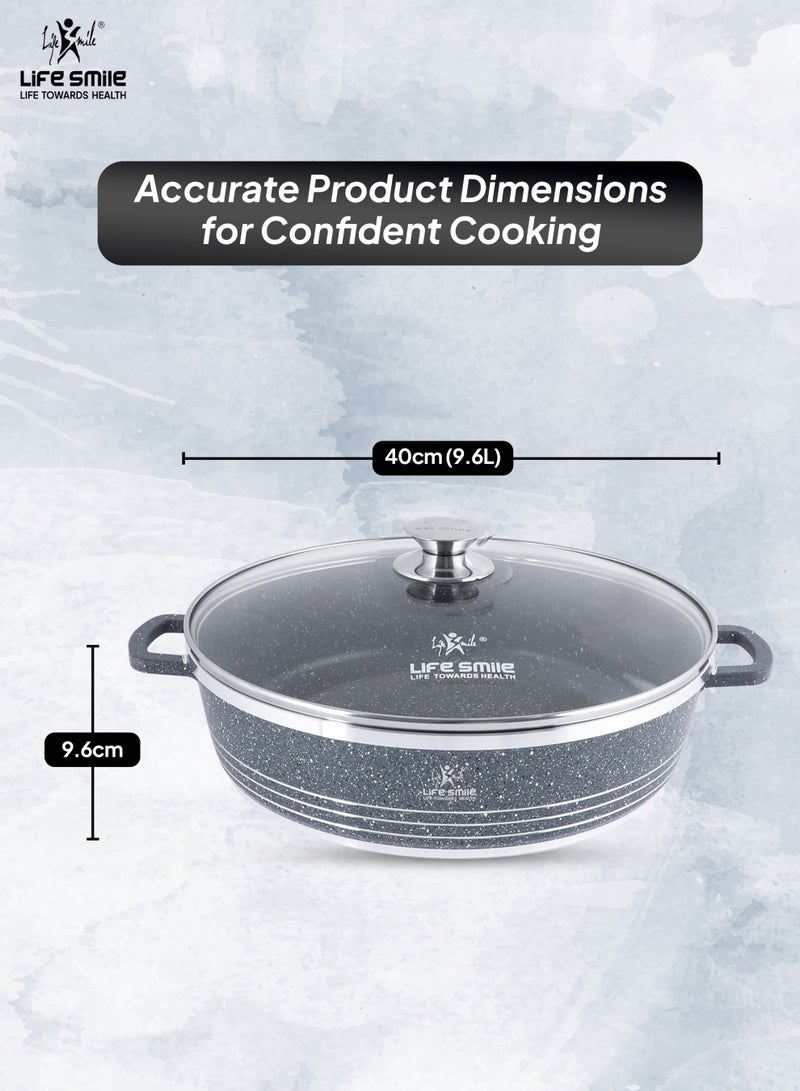 Life Smile 40 سم (9.6 لتر) وعاء غير لاصق ضحل LIFE SMILE مع غطاء – أدوات طهي بطبقة جرانيت، خالية من PFOA | وعاء طهي آمن للاستخدام في الفرن بمقبضين مزدوجين - Image 3