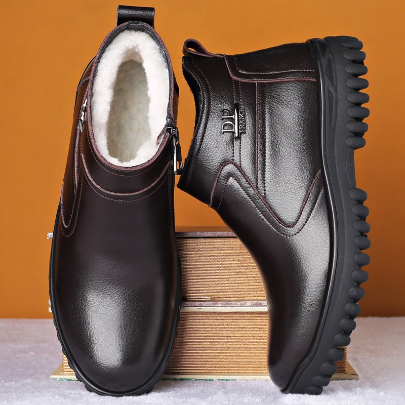 Winter Fleece-Lined Warm Genuine Leather Cotton Leather Shoes Thickened Wool Fur Integrated Northeast Dad Shoes Cotton Shoes Plus Size 9908 - Image 1