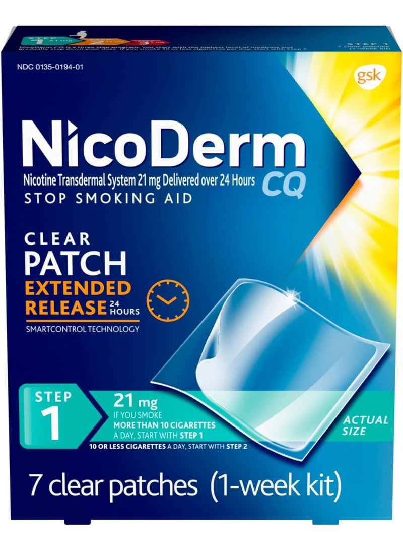 NicoDerm CQ Step 1 Nicotine Patches to Quit Smoking, 21mg, Stop Smoking Aid, 7 Count (1 Week Kit) - Image 1