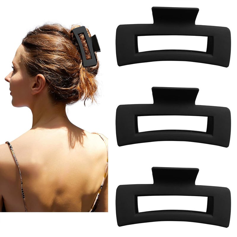 Hair Claw Clips Large Square 4 Inch Matte No Slip Big Rectangle Jaw Clip Clamp for Thick Hair Women 3 Pack Black