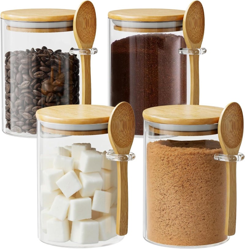 OneDream Glass Sugar Container with Spoon - 4 Pack 15oz Glass Jars with Bamboo Lid and Spoon, Bamboo Lid Storage Jar Containers for Coffee Beans, Spice, Brown Sugar, Tea, Flour, Nuts, Candy, Salts and More - Image 1