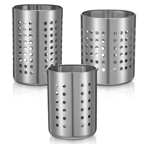 mekueeex Metal Utensil Holder Set Small SUS401 Steel Utensil Holder Flatware Silverware Spatulas Utensils Drying Rack for Kitchen Countertop Kitchen Home Office Organizers Silver 3 Pack - Image 1
