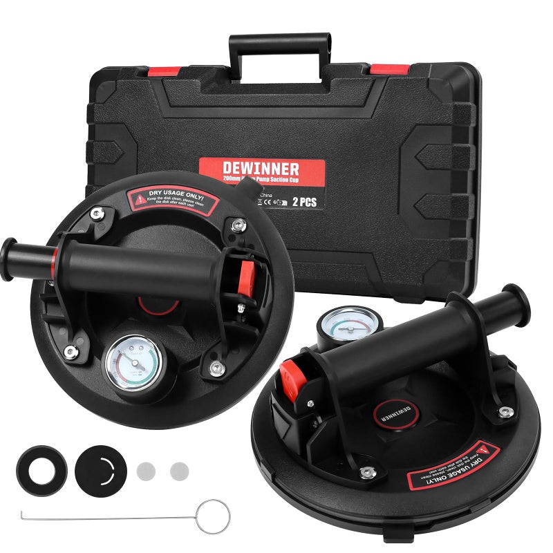 DEWINNER 2Pack 8 Glass Suction Cups with Pressure Gauge Heavy Duty Handheld Glass Lifter with 660 lbs Load Capacity for Tile Marble Industrial Strength Vacuum Suction Cup Lifter - Image 2