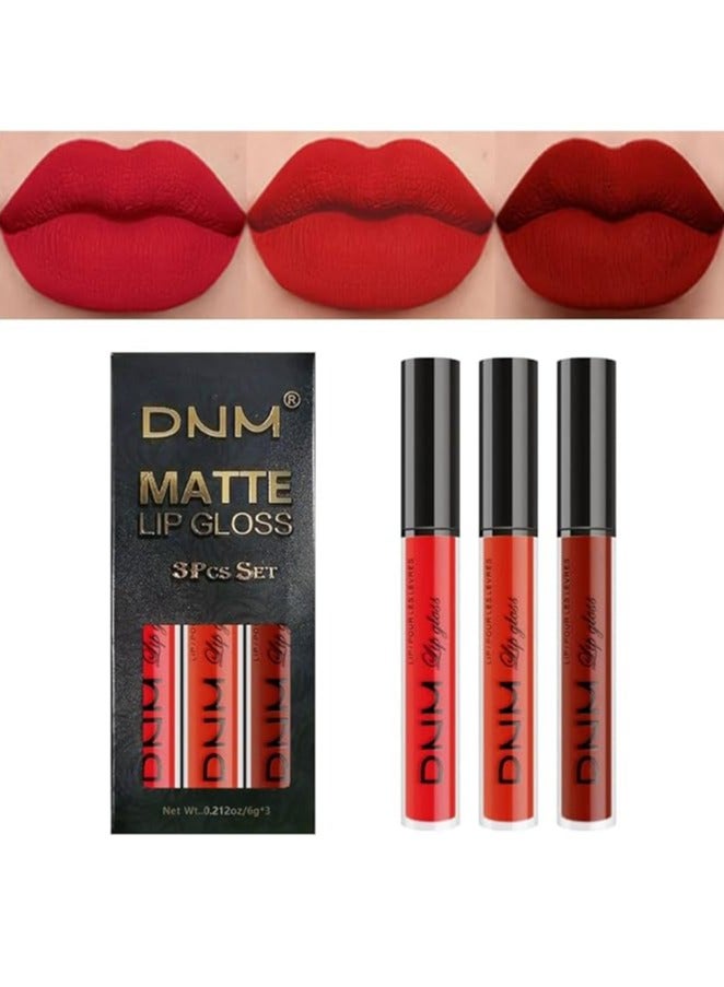 DNM 3 قطع من أحمر الشفاه السائل غير اللامع باللون الأحمر الداكن، مجموعة ملمع الشفاه للنساء، أحمر شفاه غير لامع يدوم 24 ساعة، مقاوم للتلطخ، لون 05 - Image 1