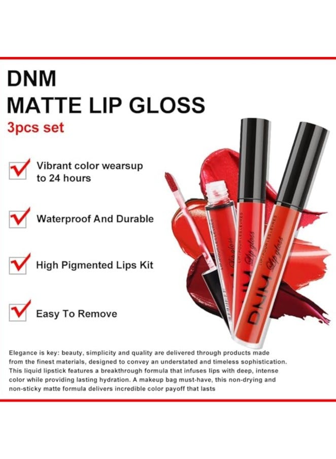 DNM 3 قطع من أحمر الشفاه السائل غير اللامع باللون الأحمر الداكن، مجموعة ملمع الشفاه للنساء، أحمر شفاه غير لامع يدوم 24 ساعة، مقاوم للتلطخ، لون 05 - Image 2