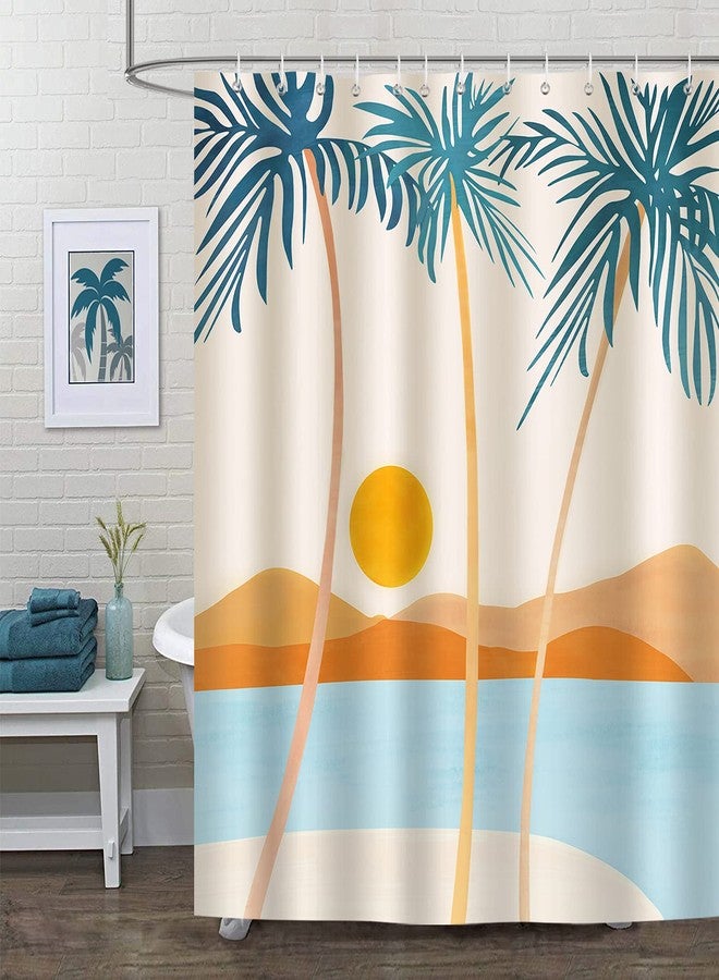 Bonhause Tropical Beach Shower Curtain, Hawaiian Palm Tree Mid Century Boho Bathroom Curtain 72x72 Inch Polyester Fabric Waterproof Bath Curtain with 12 Hooks - Image 2