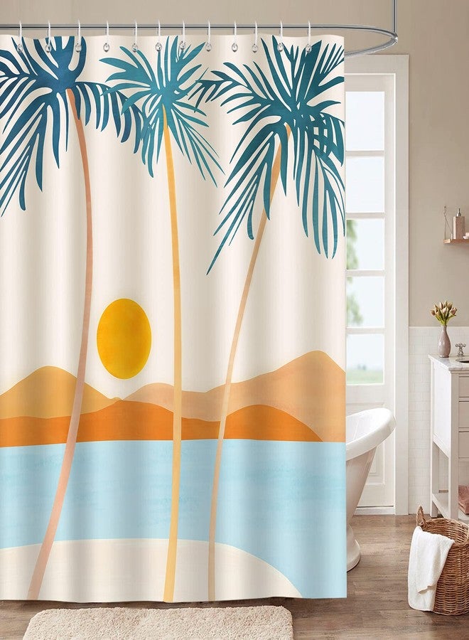 Bonhause Tropical Beach Shower Curtain, Hawaiian Palm Tree Mid Century Boho Bathroom Curtain 72x72 Inch Polyester Fabric Waterproof Bath Curtain with 12 Hooks - Image 1
