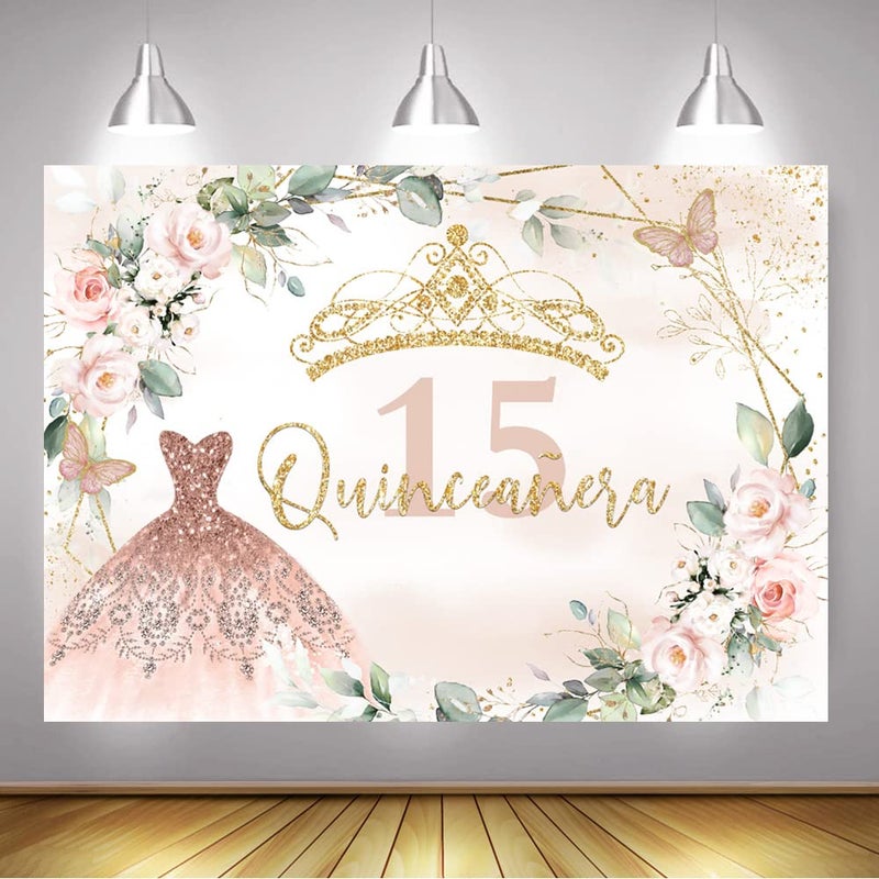 Mocsicka Quinceanera Birthday Backdrop for Sweet Girl Mis Quince Anos 15th Birthday Party Decorations Pink Silver Photograpy Background Prop (Pink, 7x5ft (82x60 inch)) - Image 3