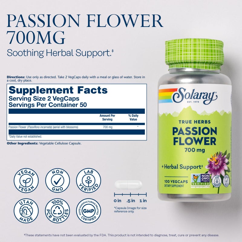 SOLARAY Passion Flower 700 mg Whole Aerial - Soothing Herbal Support - Passion Flower Capsules - Vegan, Non-GMO, 60-Day Guarantee, Lab Verified - 50 Servings, 100 VegCaps - Image 2