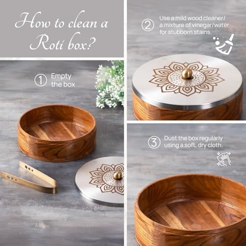 Nestroots Wooden Casserole for Roti | 9-Inch & 1.6ML Hot Pot for Kitchen | Chapati Box with Stainless Steel Tong | Floral Silver Finish Hot Case Roti Box for Fresh & Warm Roti | Durable & Stylish For Kitchen Storage - Image 3