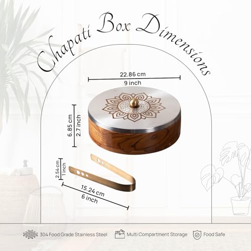 Nestroots Wooden Casserole for Roti | 9-Inch & 1.6ML Hot Pot for Kitchen | Chapati Box with Stainless Steel Tong | Floral Silver Finish Hot Case Roti Box for Fresh & Warm Roti | Durable & Stylish For Kitchen Storage - Image 2