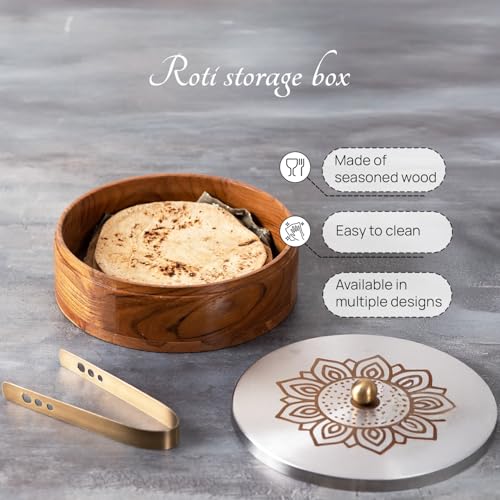 Nestroots Wooden Casserole for Roti | 9-Inch & 1.6ML Hot Pot for Kitchen | Chapati Box with Stainless Steel Tong | Floral Silver Finish Hot Case Roti Box for Fresh & Warm Roti | Durable & Stylish For Kitchen Storage - Image 4