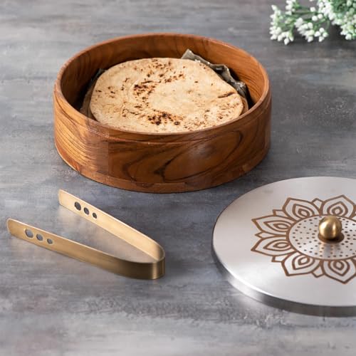 Nestroots Wooden Casserole for Roti | 9-Inch & 1.6ML Hot Pot for Kitchen | Chapati Box with Stainless Steel Tong | Floral Silver Finish Hot Case Roti Box for Fresh & Warm Roti | Durable & Stylish For Kitchen Storage - Image 1