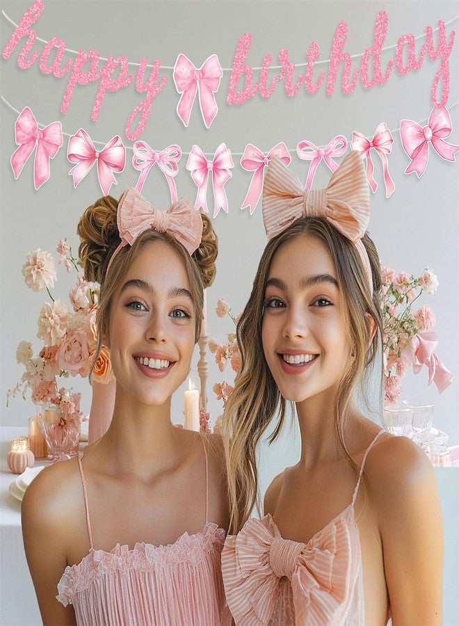 Haptda Pink Bow Happy Birthday Banner Garland for Girl Pink White Bow Party Decor Coquette Birthday Party Decorations - Image 2