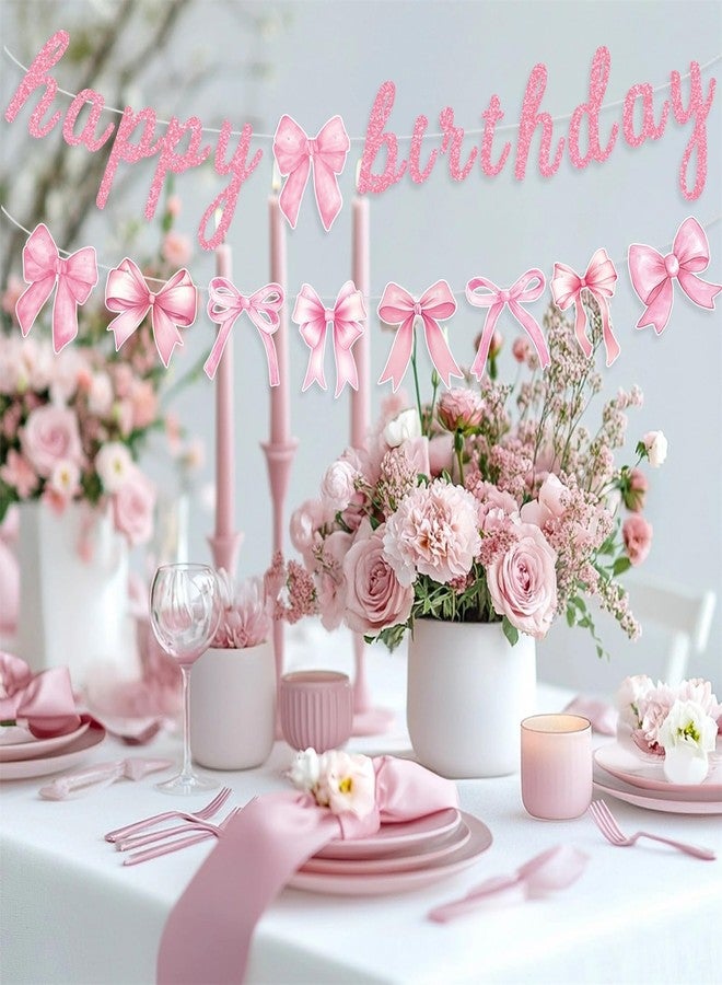 Haptda Pink Bow Happy Birthday Banner Garland for Girl Pink White Bow Party Decor Coquette Birthday Party Decorations - Image 5