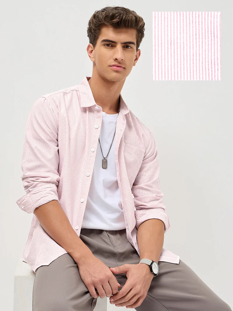 Urbano Fashion  Urbano Fashion Men's Light Pink Cotton Full Sleeve Regular Fit Casual Striped Shirt  | Best Price UAE