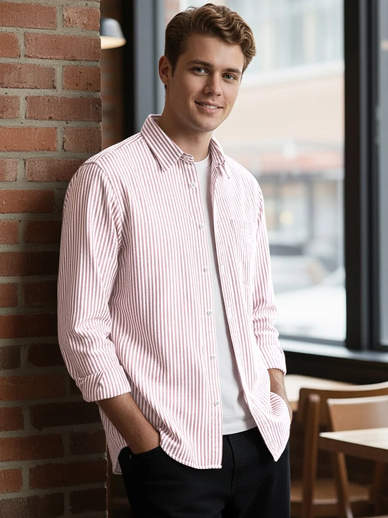 Urbano Fashion Men's Light Pink Cotton Full Sleeve Regular Fit Casual Striped Shirt