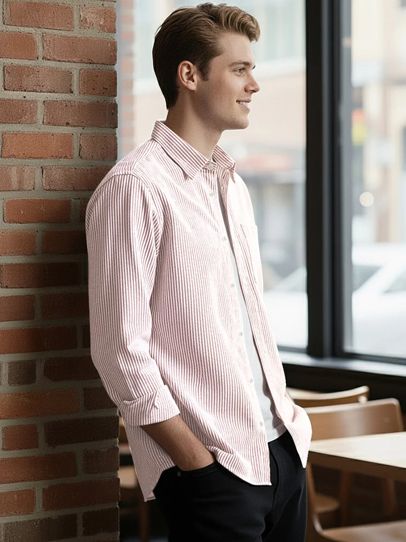 Urbano Fashion  Urbano Fashion Men's Light Pink Cotton Full Sleeve Regular Fit Casual Striped Shirt  | Best Price UAE