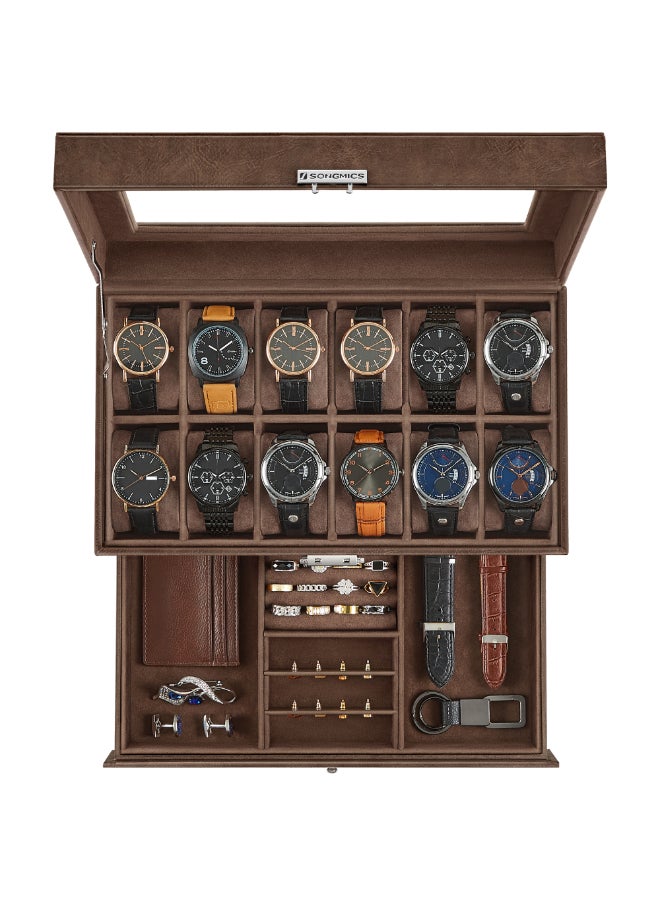 SONGMICS Watch Box, Watch Case with Glass Lid, 2-Tier Watch Display Case for 12 Watches, Lockable, 1 Drawer, for Rings, Bracelets, Gift Idea, Brown Synthetic Leather, Brown Lining - Image 1
