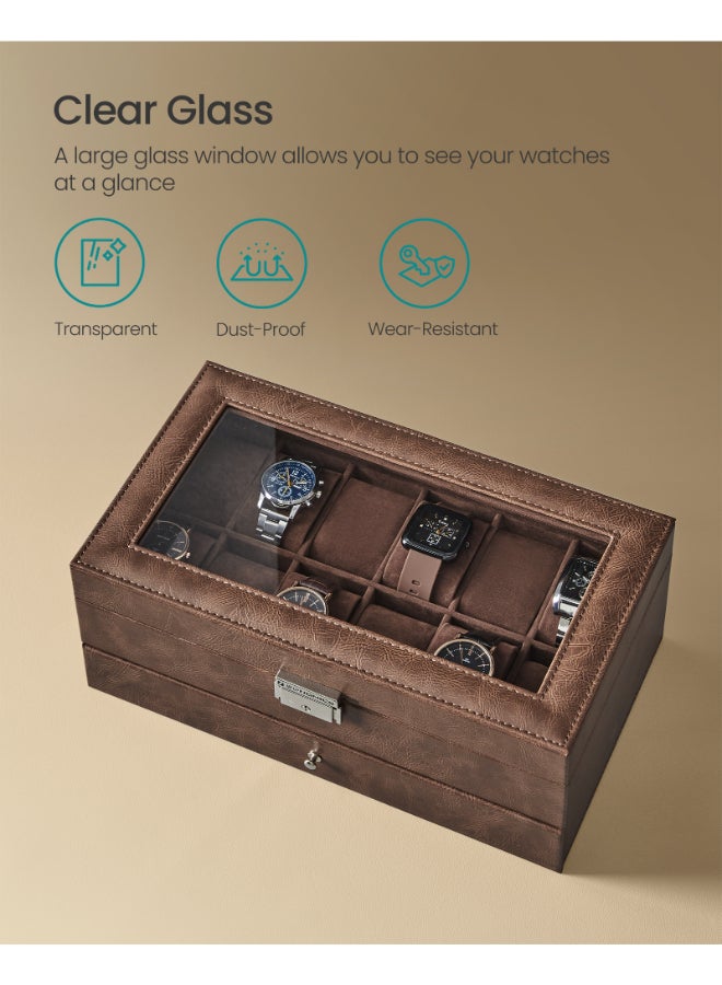 SONGMICS Watch Box, Watch Case with Glass Lid, 2-Tier Watch Display Case for 12 Watches, Lockable, 1 Drawer, for Rings, Bracelets, Gift Idea, Brown Synthetic Leather, Brown Lining - Image 3