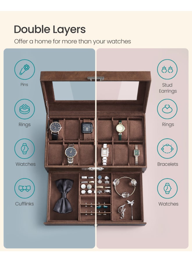 SONGMICS Watch Box, Watch Case with Glass Lid, 2-Tier Watch Display Case for 12 Watches, Lockable, 1 Drawer, for Rings, Bracelets, Gift Idea, Brown Synthetic Leather, Brown Lining - Image 4