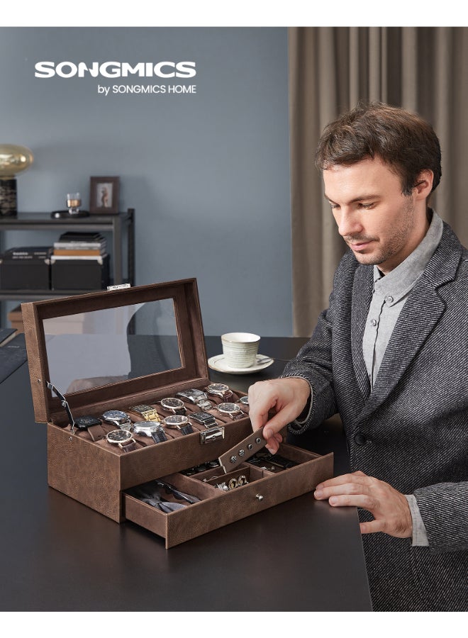 SONGMICS Watch Box, Watch Case with Glass Lid, 2-Tier Watch Display Case for 12 Watches, Lockable, 1 Drawer, for Rings, Bracelets, Gift Idea, Brown Synthetic Leather, Brown Lining - Image 2