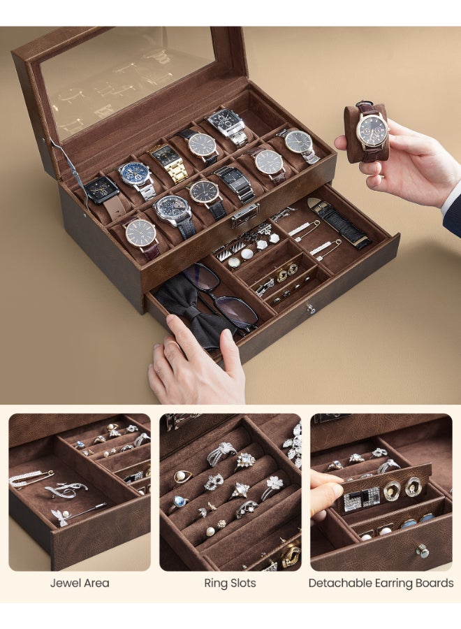 SONGMICS Watch Box, Watch Case with Glass Lid, 2-Tier Watch Display Case for 12 Watches, Lockable, 1 Drawer, for Rings, Bracelets, Gift Idea, Brown Synthetic Leather, Brown Lining - Image 5