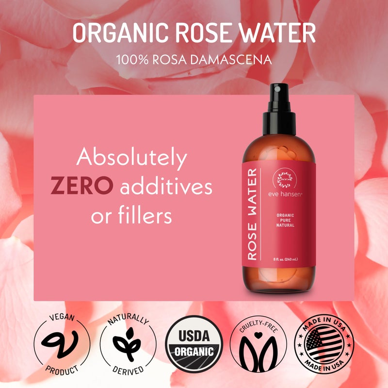 Eve Hansen Organic Rose Water Spray for Face | Huge 8 oz Moroccan Rosewater Face Toner and Makeup Setting Spray | Soothing Neck and Face Mist to Reduce Eye Puffiness, Dark Circles and Redness - Image 5