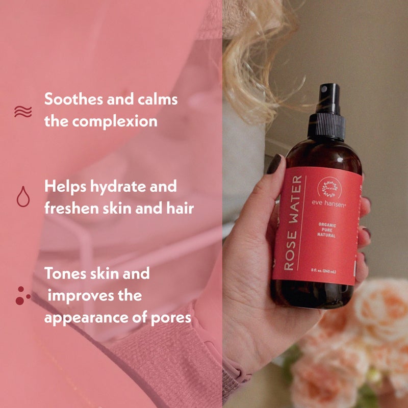Eve Hansen Organic Rose Water Spray for Face | Huge 8 oz Moroccan Rosewater Face Toner and Makeup Setting Spray | Soothing Neck and Face Mist to Reduce Eye Puffiness, Dark Circles and Redness - Image 2