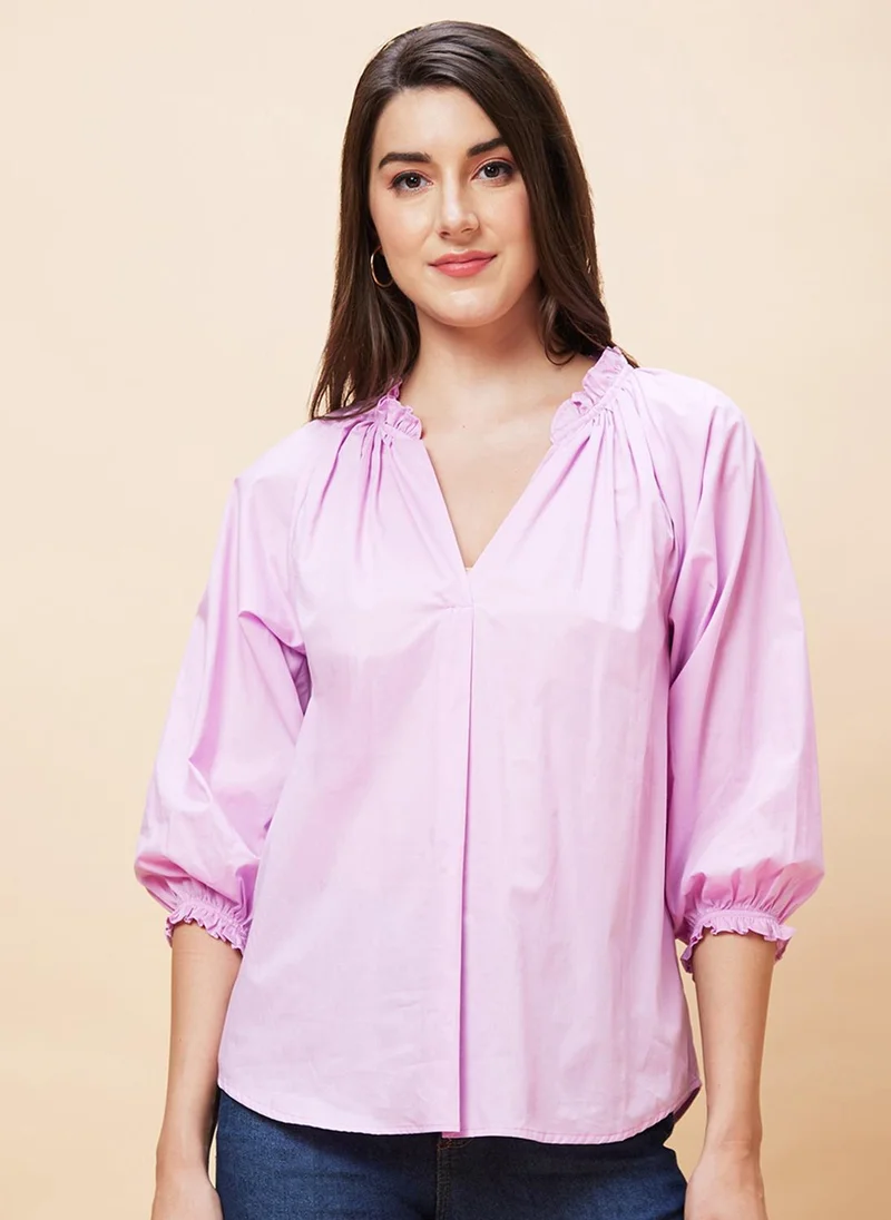 globus Globus Women Pink Gathered Detailed V-Neck Puff Sleeve Pure Cotton Top
