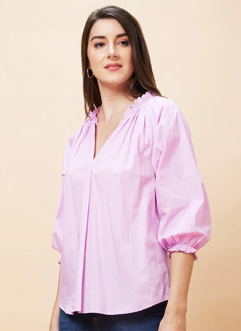 globus Globus Women Pink Gathered Detailed V-Neck Puff Sleeve Pure Cotton Top