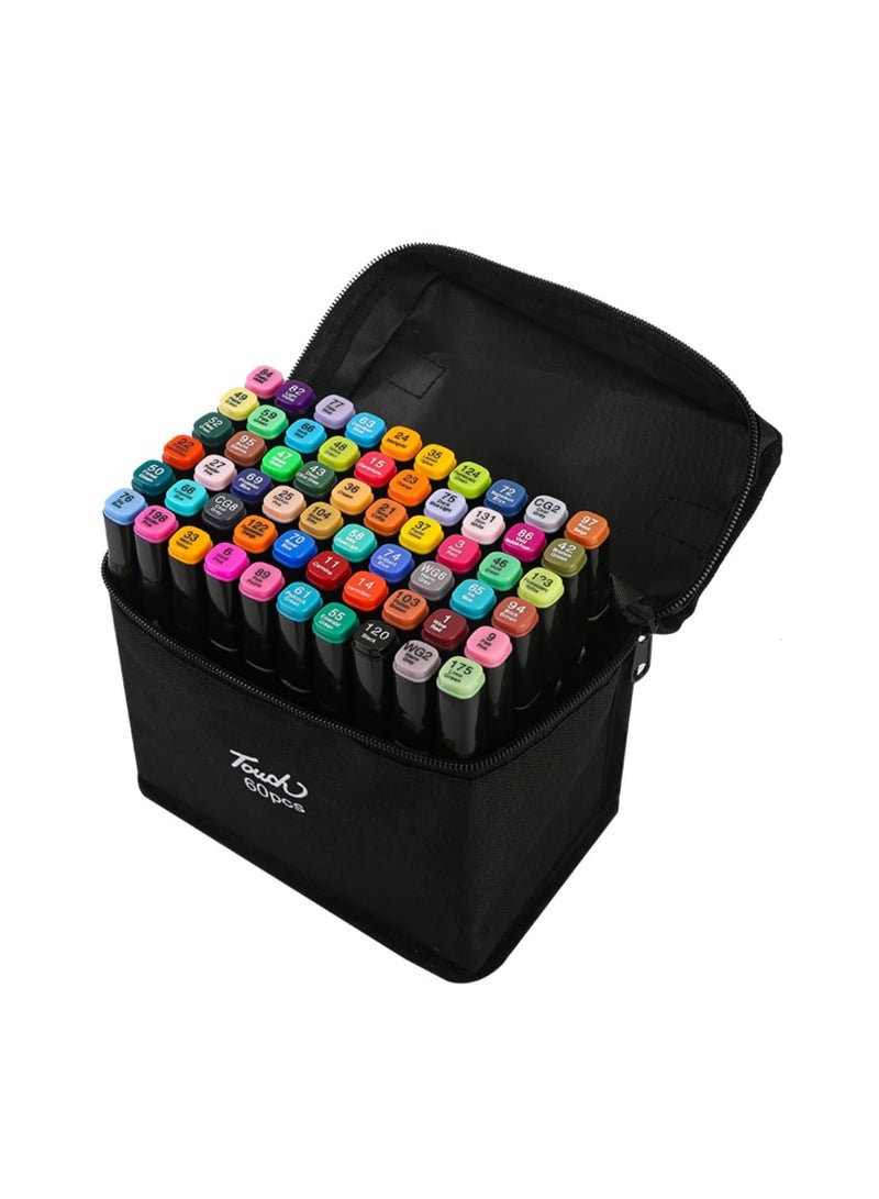 ألوان فلوماستر بالكحول بـ 60 لونًا، أقلام تحديد للأعمال الفنية بطرفين  للأطفال والكبار للتلوين والرسم والتخطيط، ماركر لفنانين الرسم مع جراب حمل، متعدد الألوان، - Image 1