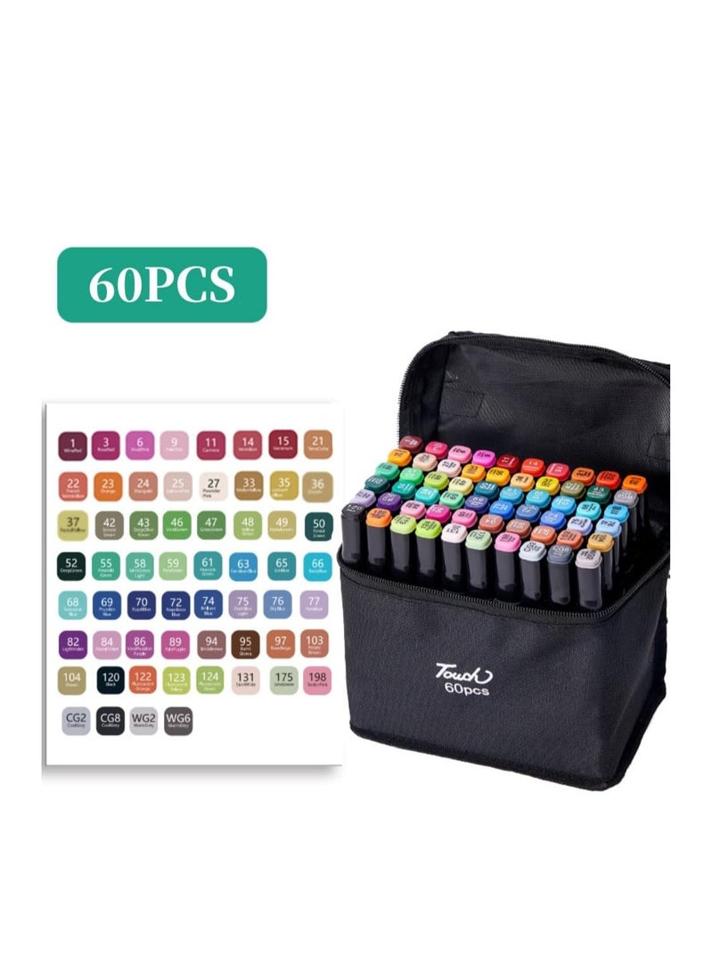 ألوان فلوماستر بالكحول بـ 60 لونًا، أقلام تحديد للأعمال الفنية بطرفين  للأطفال والكبار للتلوين والرسم والتخطيط، ماركر لفنانين الرسم مع جراب حمل، متعدد الألوان، - Image 2
