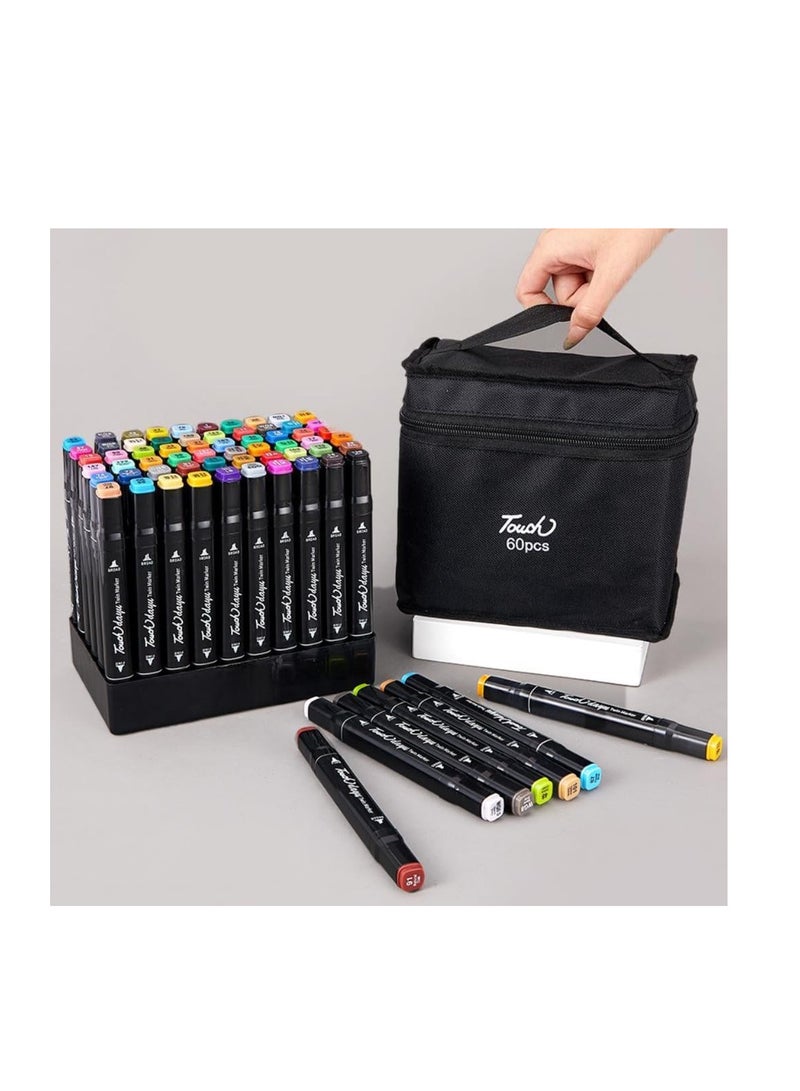 ألوان فلوماستر بالكحول بـ 60 لونًا، أقلام تحديد للأعمال الفنية بطرفين  للأطفال والكبار للتلوين والرسم والتخطيط، ماركر لفنانين الرسم مع جراب حمل، متعدد الألوان، - Image 3