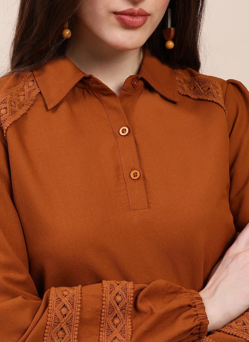 Globus Women's Brown Formal Top with Shirt Collar and Lace Inserts - Image 5