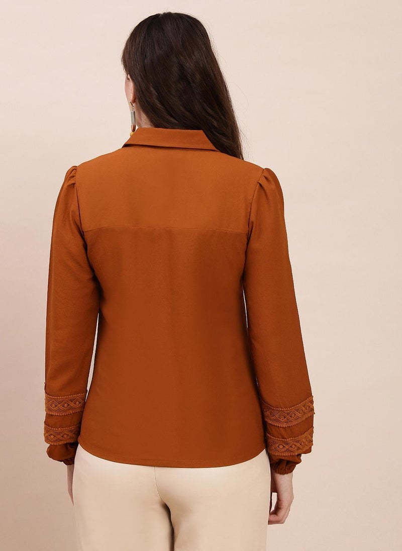 Globus Women's Brown Formal Top with Shirt Collar and Lace Inserts - Image 4