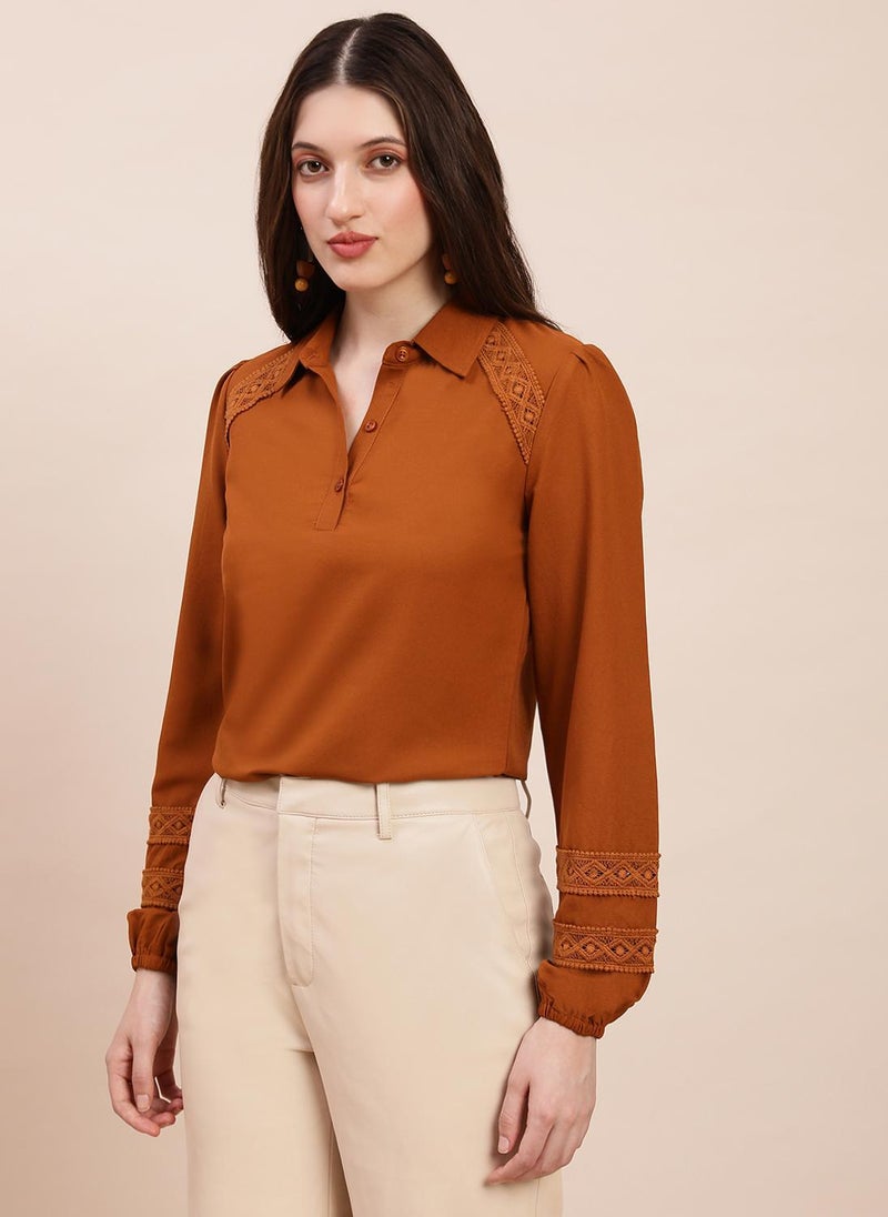 Globus Women's Brown Formal Top with Shirt Collar and Lace Inserts - Image 1