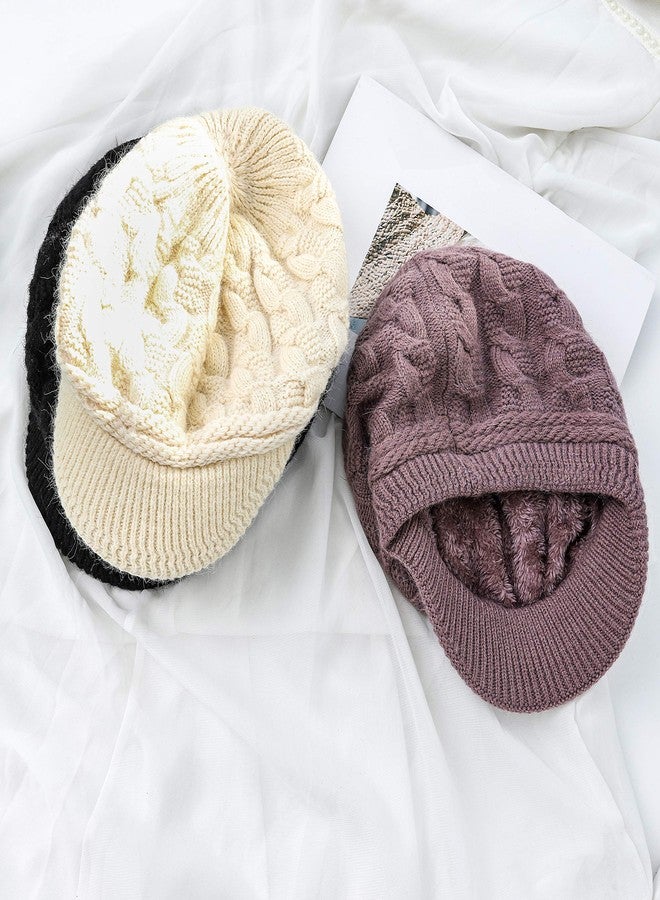 Blufly Winter Hats Cable Knitted Beanie Hat with Visor Beret Ribbed Ski Beanie Cap Slouchy Skull Hat Cap Headwear for Women and Girls (Purple) - Image 2