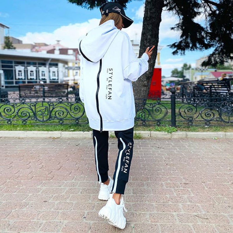 2023 Euro-American Fashion Zip Hoodie  Pants Set White coat + black pants