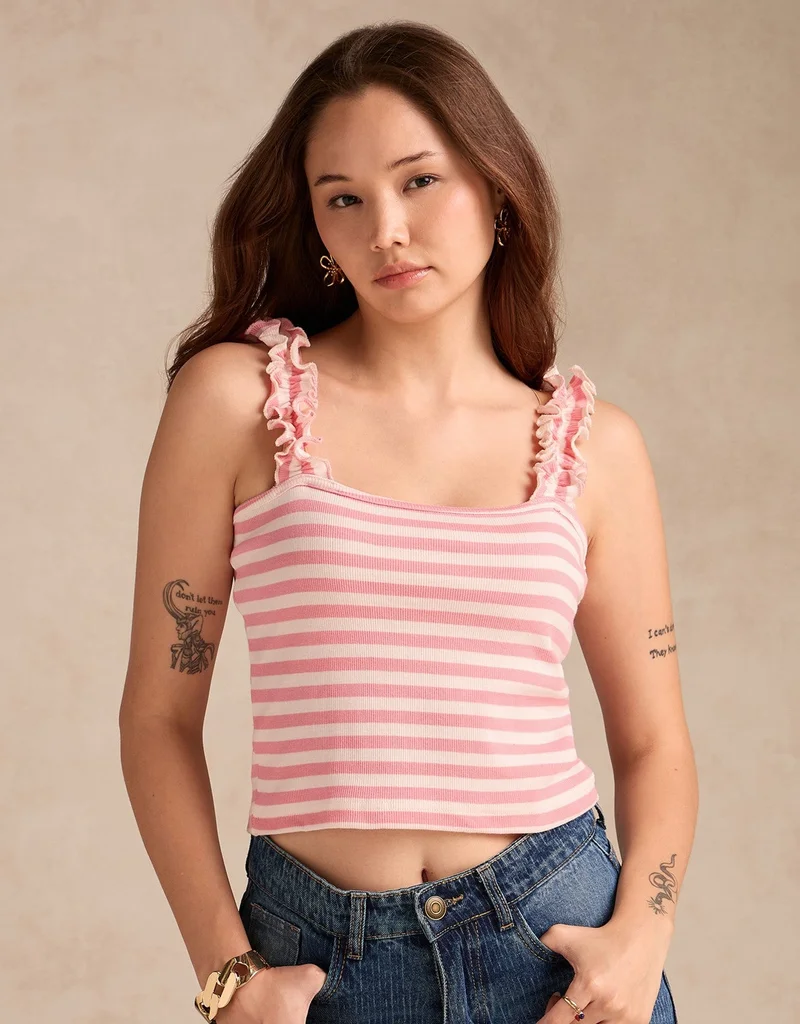 OUTZIDR Pink Striped Rib Tank Top With Ruffle Straps