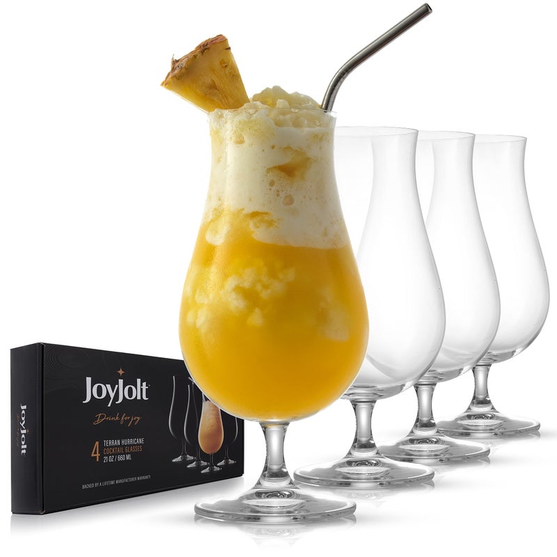 JoyJolt Terran Pina Colada Glasses  Premium Hurricane Cocktail Glasses Made in Europe  21Ounce l Crystal Drinking Set  Set of 4 Hurricane Glasses Cocktail Set ideal for Refreshing Cocktails