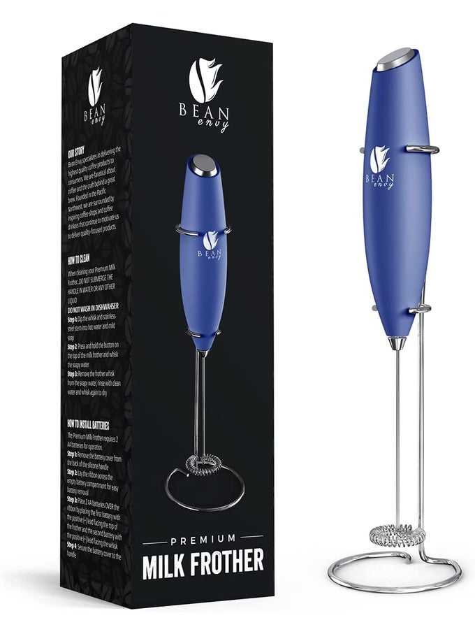 MILK FROTHER HANDHELD FOR COFFEE ELECTRIC HAND BLENDER MINI DRINK MIXER WHISK COFFEE FOAMER WAND WITH STAND FOR LATTES CAPPUCCINO MATCHA AND HOT CHOCOLATE KITCHEN GIFTS BLUE