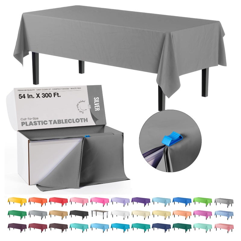 Party Solids Exquisite Party Solids 54 Inch X 300 Feet Silver Plastic Table Cover Roll in A Cut  to  Size Box with Convenient Slide Cutter Cuts Up to 36 Rectangle 8 Feet Plastic Disposable Tablecloths